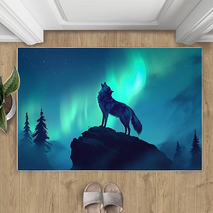 Wolf 4x6 Area Rugs for Living Room -Forest Washable Rug Aurora Non-Slip Carpet Indoor Floor Stain Resistant Thin Carpets for Bedroom Dining Room Home Office
