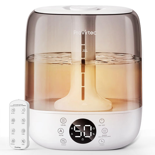 Provirtec 6L Self-Cleaning Humidifier for Large Room, CleanCare Warm & Cool Mist, No-Leak Design & Top Fill, 60 Hour Runtime, Quiet Ultrasonic Auto Mode with Remote Control for Bedroom & Home