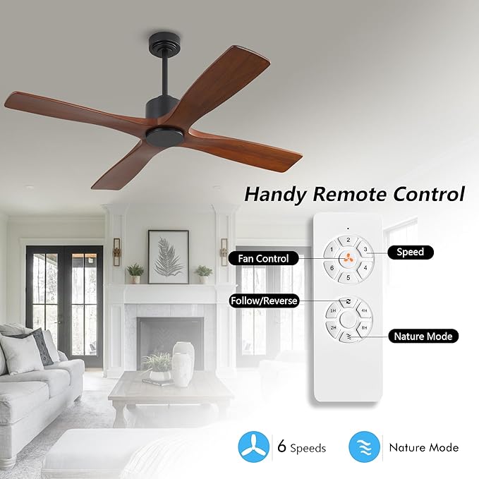 WINGBO 54 Inch DC Ceiling Fan without Lights, 4 Carved Solid Wood Blades, 6-Speed Noiseless Reversible DC Motor, Modern Ceiling Fan No Light with Remote, Black Finish with Walnut Blades, ETL Listed