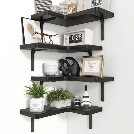 Venusmiles Corner Floating Shelves Set of 4, Wall Mounted L-Shaped Storage - Maximize Unused Corner Space in Bathroom, Kitchen, Bedroom, Office, Jet Black