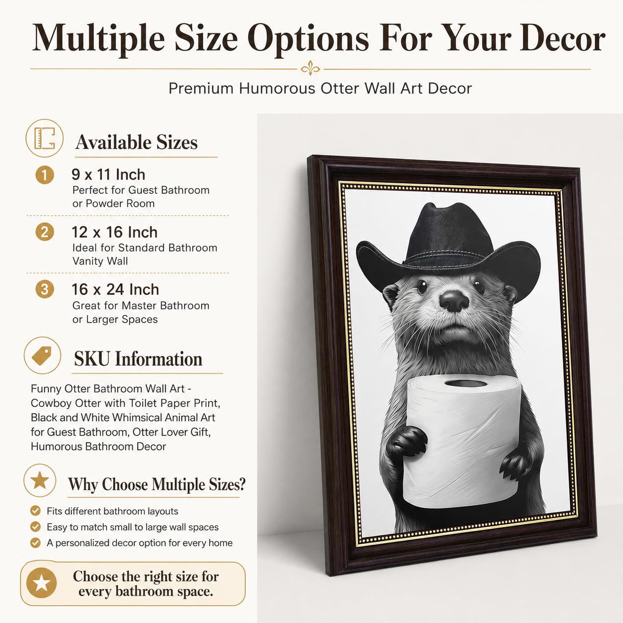 RVETNGVM Funny Otter Bathroom Wall Art - Cowboy Otter with Toilet Paper Print, Black and White Whimsical Animal Art for Guest Bathroom, Otter Lover Gift, Humorous Bathroom Decor 9x11 Inch