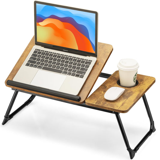 FISYOD Foldable Laptop Desk for Bed Couch, Adjustable Split Lap Desk with Cup Holder, Portable Lightweight Bed Table Tray, Heavy-Duty Laptop Stand for Working, Writing, Reading and Eating - Brown
