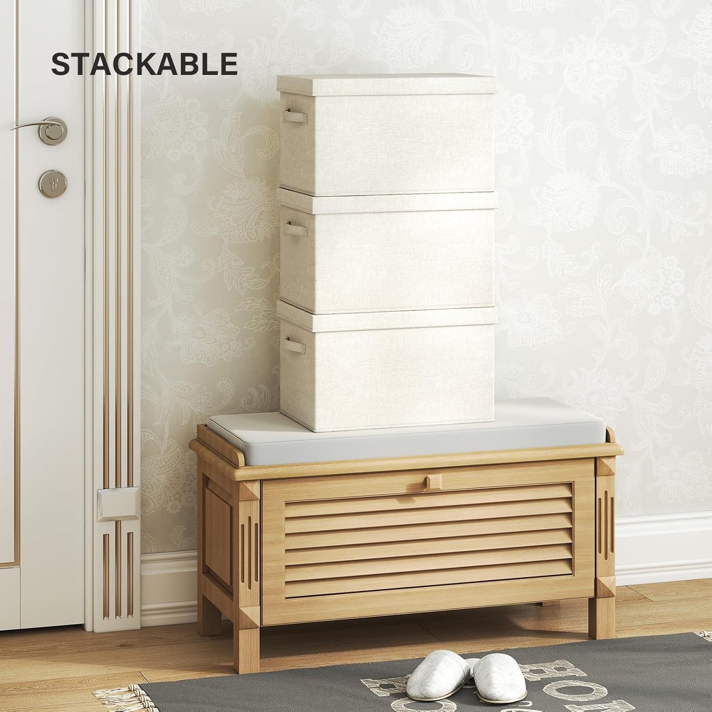 Large Foldable Fabric Storage Bins with Lids, 2 Pack Beige, 17.5"x12"x11.5", Cotton Linen Material with Handles, for Shelves, Nursery, Bedroom, Home, Office, Organizing Clothes, Toys, Blankets, Books