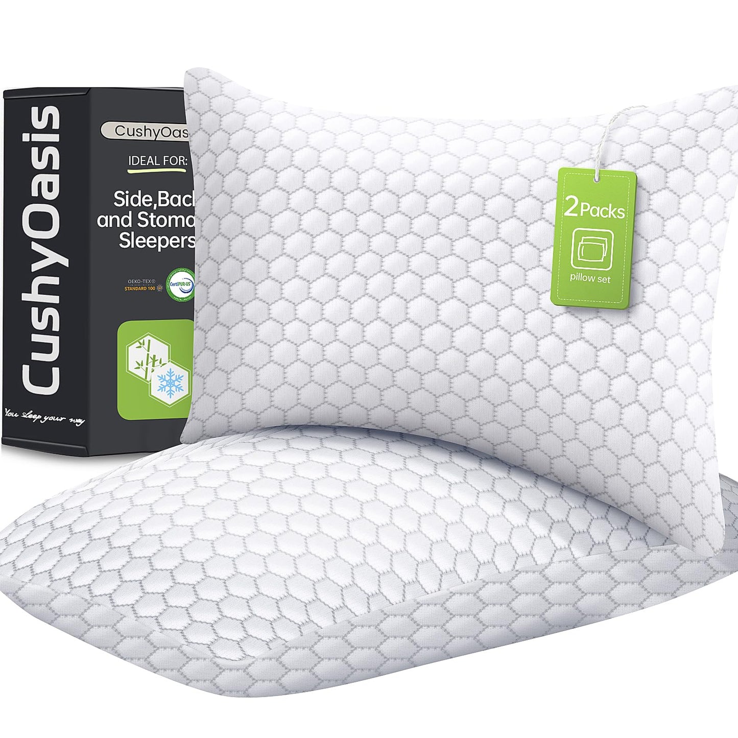 CushyOasis Cooling Pillow for Sleeping, Pillows Queen Size Set of 2, CertiPUR-US Shredded Memory Foam Pillows for Hot Sleepers, Adjustable Firm Pillow for Side, Back, Stomach Sleepers, Gray
