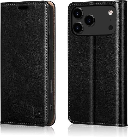 Belemay Leather Wallet Case Compatible with iPhone 17 Pro Max, Premium Cowhide Leather Two-Tone Effect, RFID Blocking Card Holders, Shockproof TPU Shell, Kickstand, Protective Flip Cover, 6.9", Black