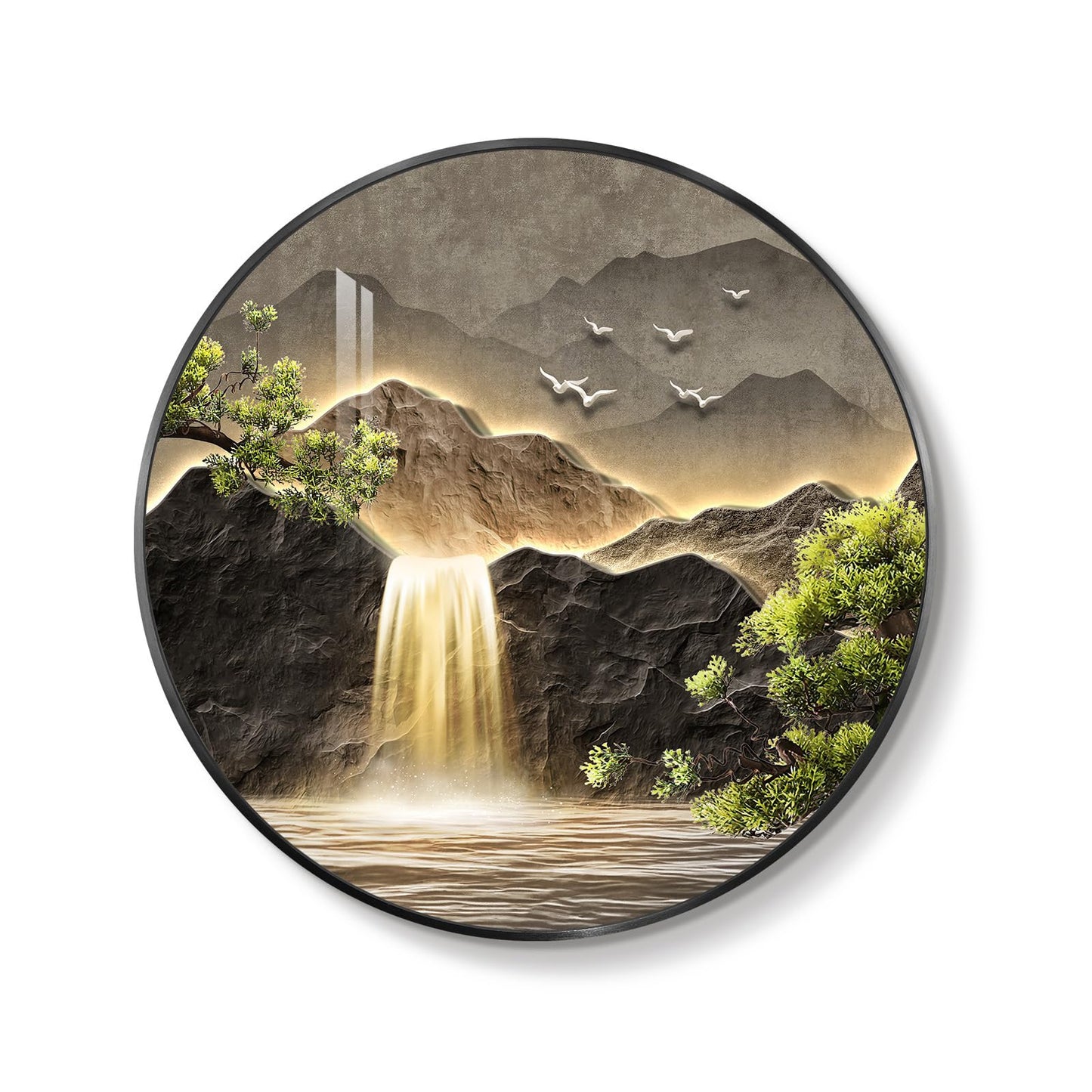 Large LED Mountain Waterfall Wall Art for Living Room, Framed Round Modern Lighted Landscape Picture Artwork for Walls, Backlit Nature Wall Decor for Hallway, Dining Room, Entryway, Office, 30x30 Inch