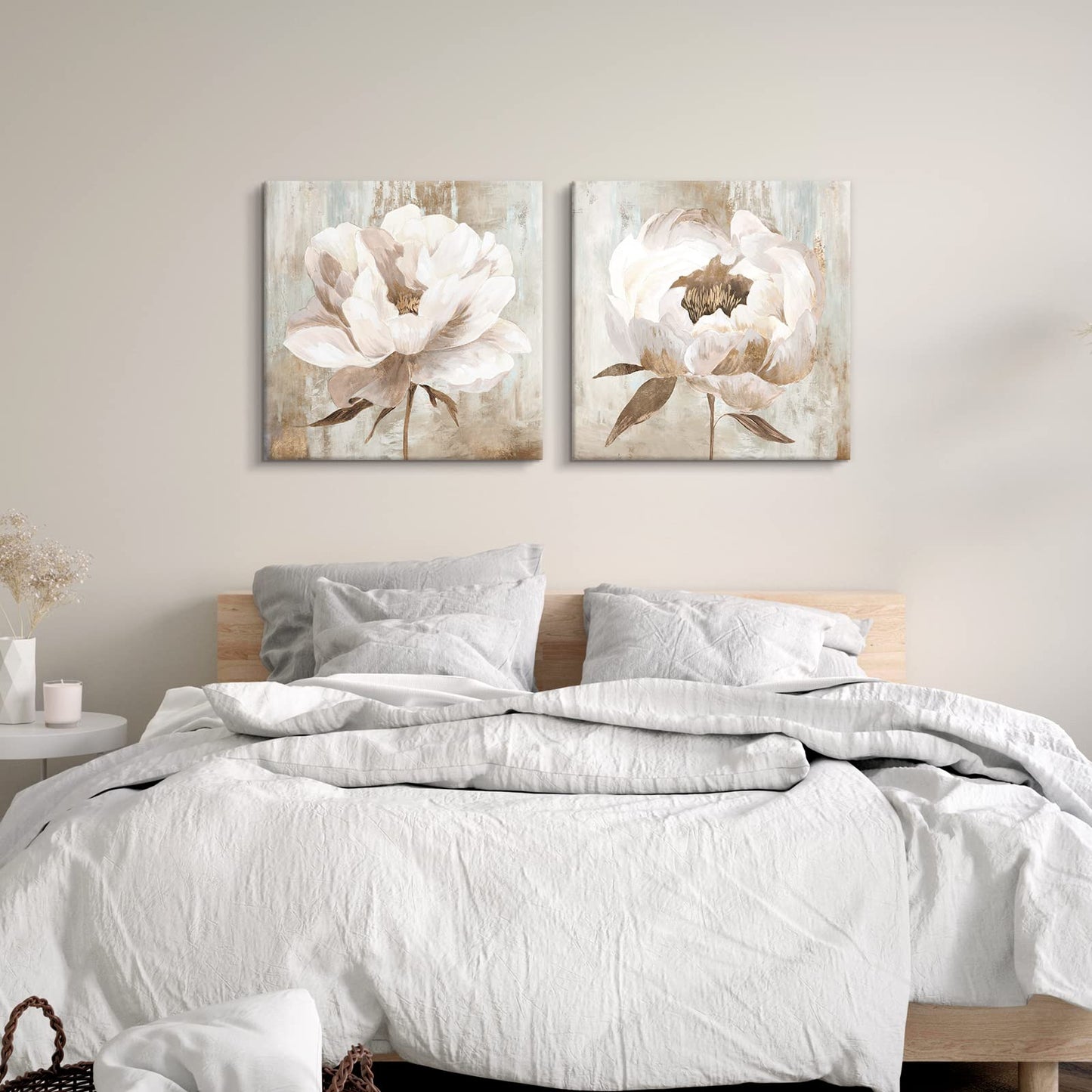 7CANVAS Beige Flower Wall Art White Floral Blooming Canvas Print Modern Botanic Wall Pictures for Livingroom Above Bed Sofa Home Decoration 24x24Inchx2pcs