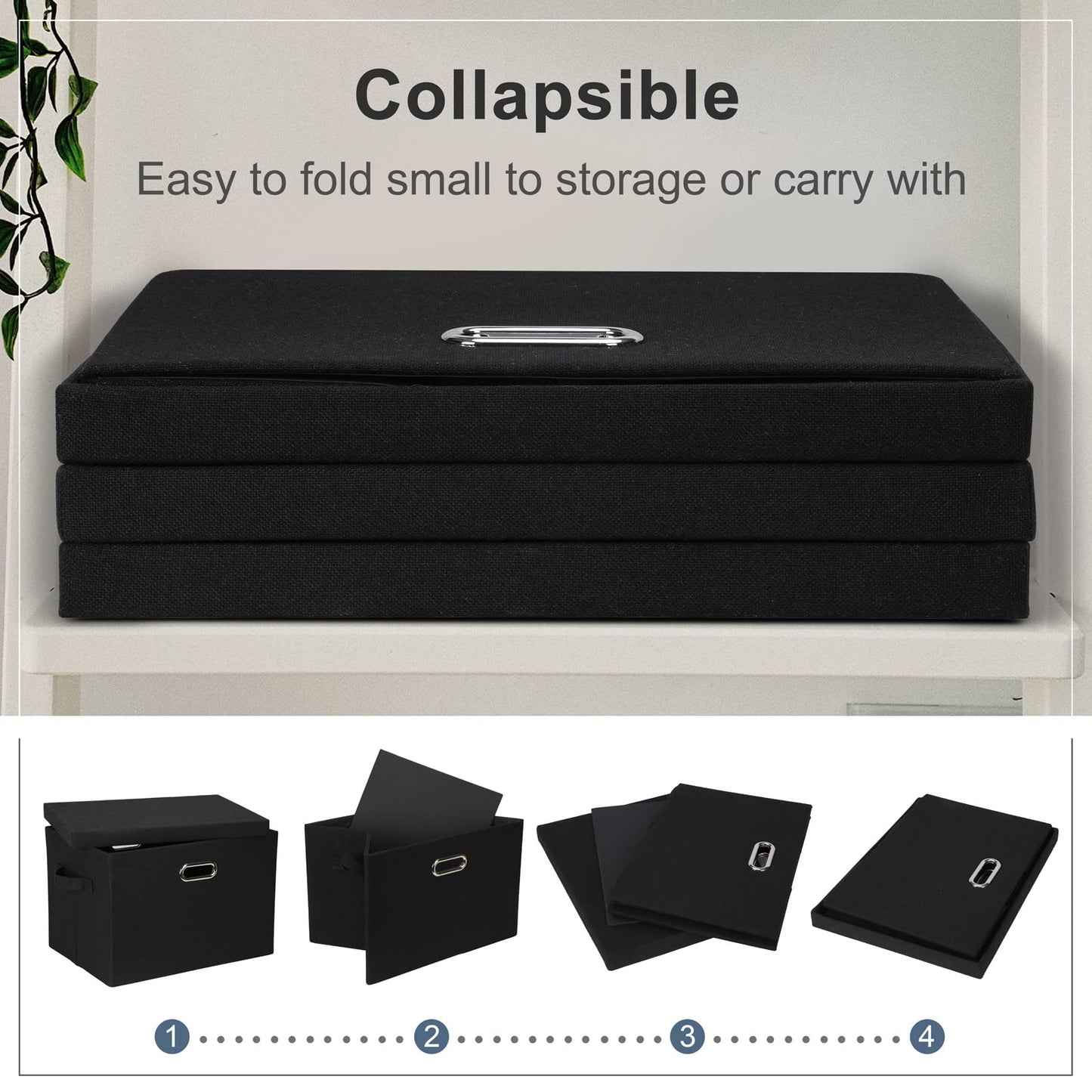 Graciadeco Large 17" 36 Quart Collapsible Stackable Storage Bins with Lids, 3 Packs Black Linen Fabric Closet Boxes with Lids, Storage Cube Baskets Container Organizers for Bedroom Office(17 x12 x11)