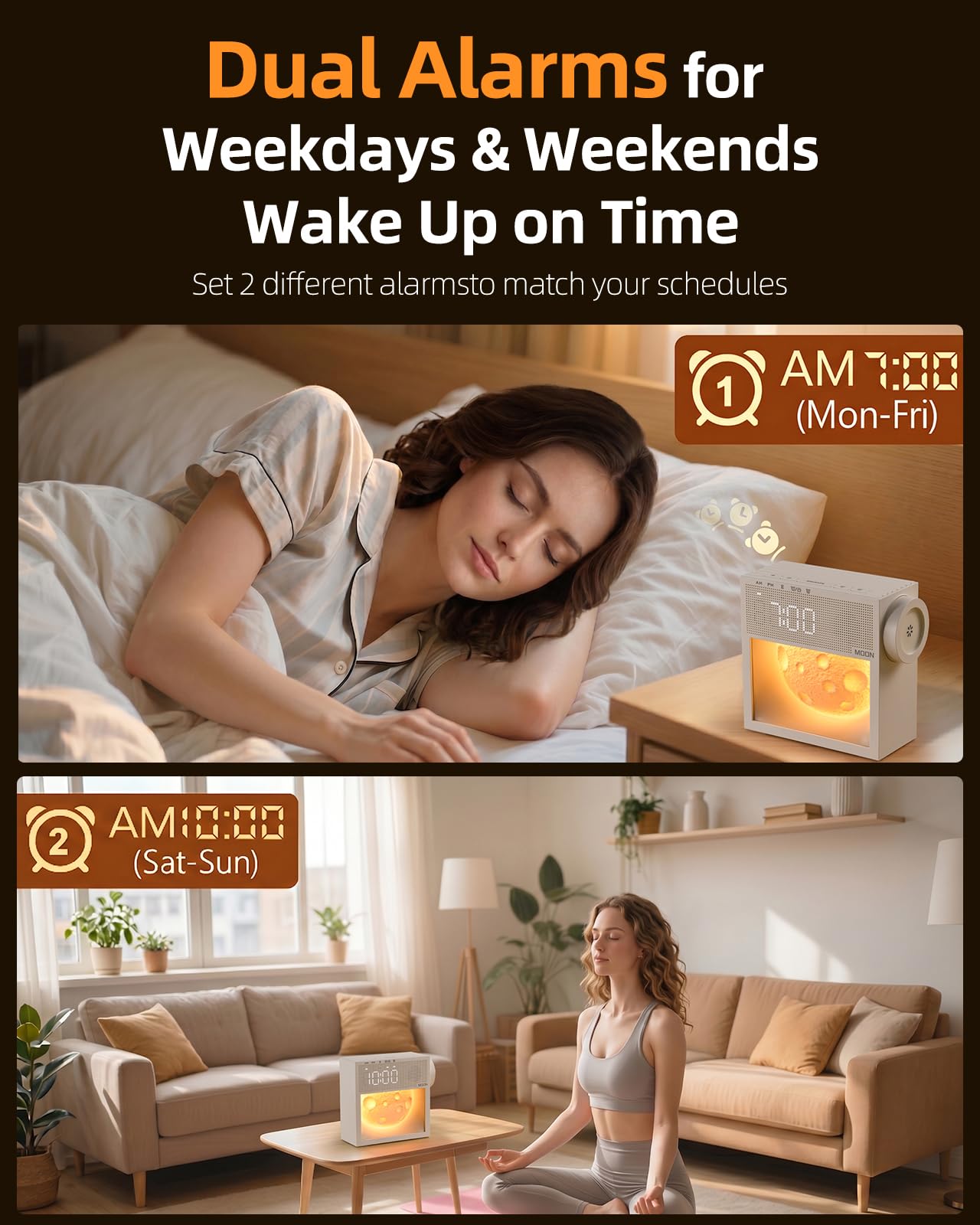Bokefo Sunrise Alarm Clock and White Noise Sound Machine with 20 Soothing Sounds Moonlight Night Light Dual Alarms Bedroom Decor Desk Clock for Heavy Sleepers Adults Kids Baby