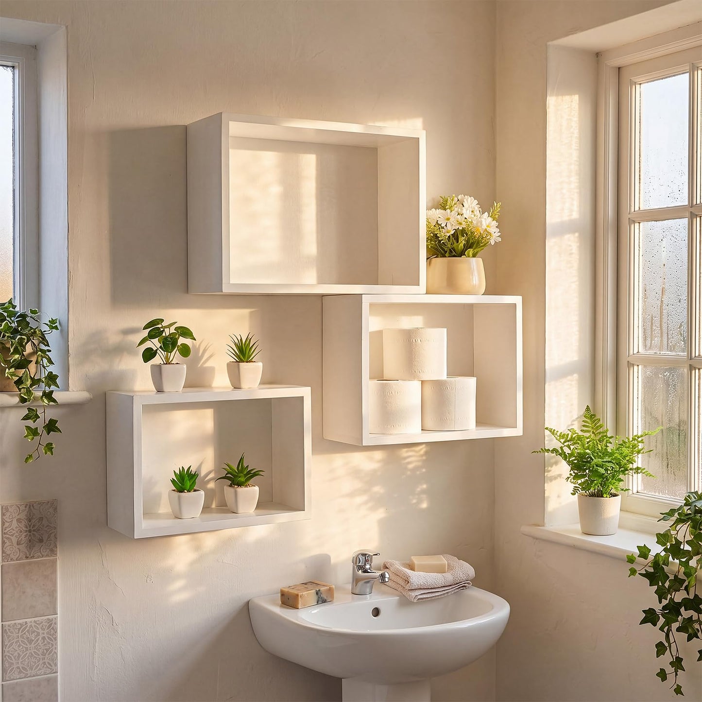 Novabright White 3 Set Floating Cube Shelves Wall Mounted Rustic Wood Square Storage Box Shelves Hanging Storage for Bathroom Decor Farmhouse Wall Toilet Living Room Kitchen Bedroom Organizer