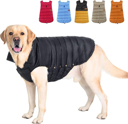 SPACE LION Dog Puffer Jacket, Down Winter Coat, Durable Outdoor Coat for Cold and Windy Conditions, Lightweight & Adjustable Fit Coats for Large Dogs,(Black, Size28/4XL)