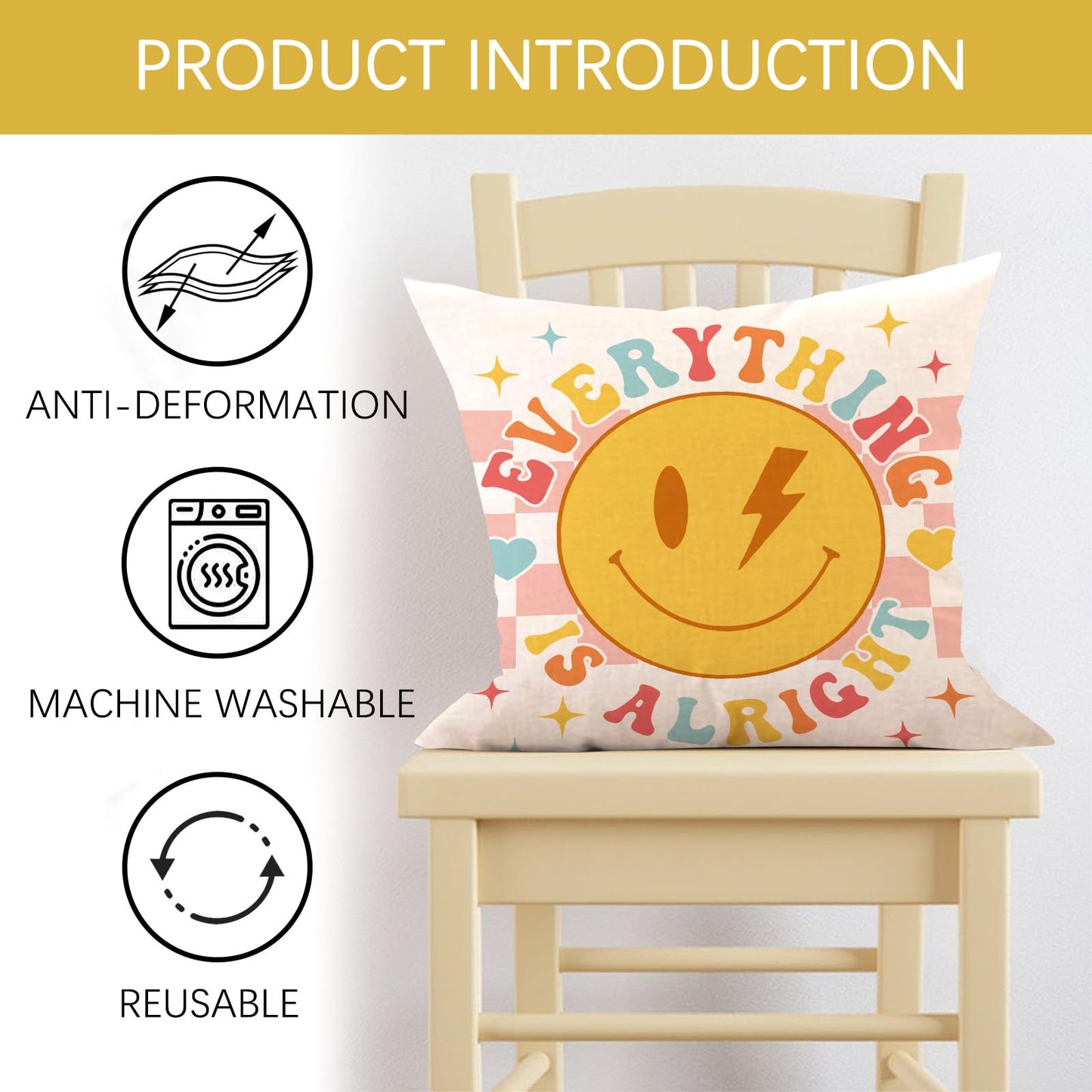 Fjfz Groovy Smiling Face Inspirational Decorative Throw Pillow Covers 18 x 18 Set of 4, Hippie Smile Motivational Quote Porch Outdoor Home Decor, Smiley Everything is Alright Couch Cushion Case