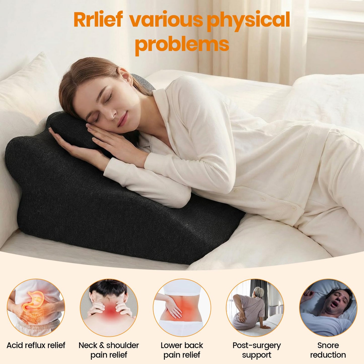 Ruanuo Memory Foam Ergonomic Wedge Pillow for Sleeping, Acid Reflux & Snoring Relief, 27°Angle Perfect Position Wedge Pillow with Washable Cover, Comfort Support for Waist, Neck & Back