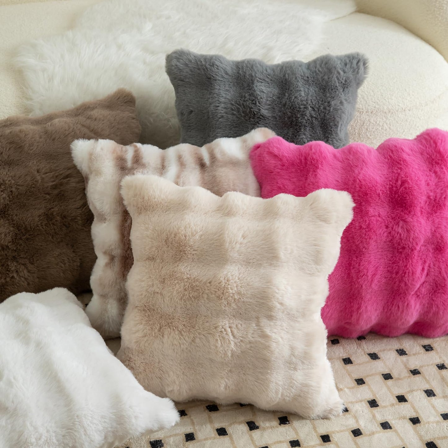 MANDIOO Pack of 2 Thick Plush Wool Decorative Throw Pillow Covers Super Soft Wave Bubble Fur Velvet Cushion Covers Pillow Shams for Couch Bed Living Room 16x16 Inch Hot Pink