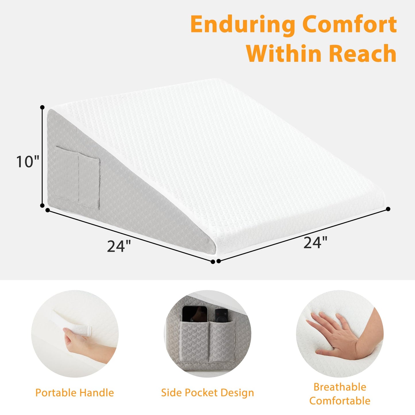 Ruqmuis Wedge Pillow for Acid Reflux, Bed Wedge Pillow for Headboard 10", Pillow Wedge for Back Pain Relief, Post Surgery, Elevated Pillows for Sleeping, Snoring, Triangle Pillow with Cover, White