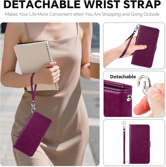 TUCCH Detachable Case Wallet for iPhone 17 (6.3") 2025, Wrist Strap | 4 Card Slots RFID Blocking | Wireless Charging | Stand | 2-in-1 Magnetic | PU Leather | Shockproof Folio Cover | Plum Purple