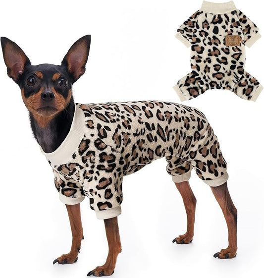 XPUDAC Fleece Dog Pajamas Leopard Dog Sweaters Winter Puppy Clothes for Small Medium Dogs Boy Girl Pet Jumpsuits Doggie Outfits for Christmas, L