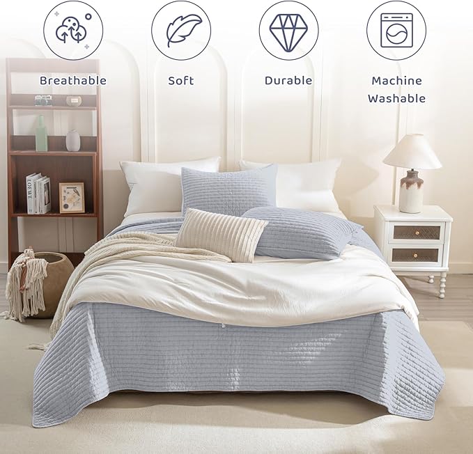 Sanracie Stonewashed Oversized King Quilt(120"x120"), Cotton Cornflower Blue Cross Stitch Pattern California King Quilt Sets 3Pcs Soft Lightweight Crinkle Bed Coverlet Set for All Season