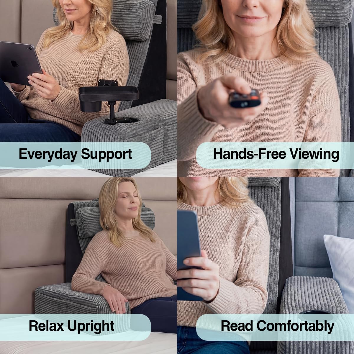 TabCouchCaddy Reading Pillow for Adults – 24” XL Memory Foam Backrest with Detachable Arms, Cup Holder, Phone Caddy & Adjustable Tray Mount | Back Pillow for Bed Sitting Up, Reading, TV & Recovery
