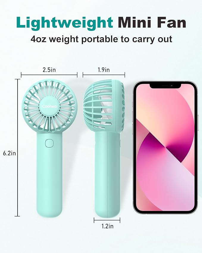 Coohea 2-Pack Pink & Blue Handheld Fan, Small Cute Design, 3 Powerful Speeds, Operated by USB/Rechargeable Battery, Personal Portable Fan with Base & Lanyard, for Eyelash Makeup Travel Beach Office