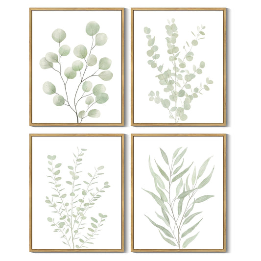 Drsoum Botanical Plant Framed Wall Art Boho Wall Decor for Bathroom Sage Green Eucalyptus Leaf Prints Minimalist Aesthetic Ready to Hang Set of 4, 8x10 in (Natural Framed)