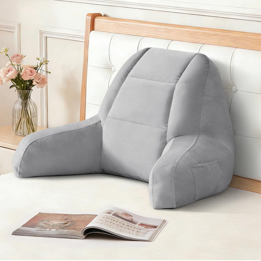 IASEAHK Back Pillow for Bed Sitting Up, Reading Pillows for Beds, Bed Pillow for Sitting up, Backrest Pillows with Arms for Adult, Filled with Shredded Memory Foam for Beds, Couch, Floor, Light Grey