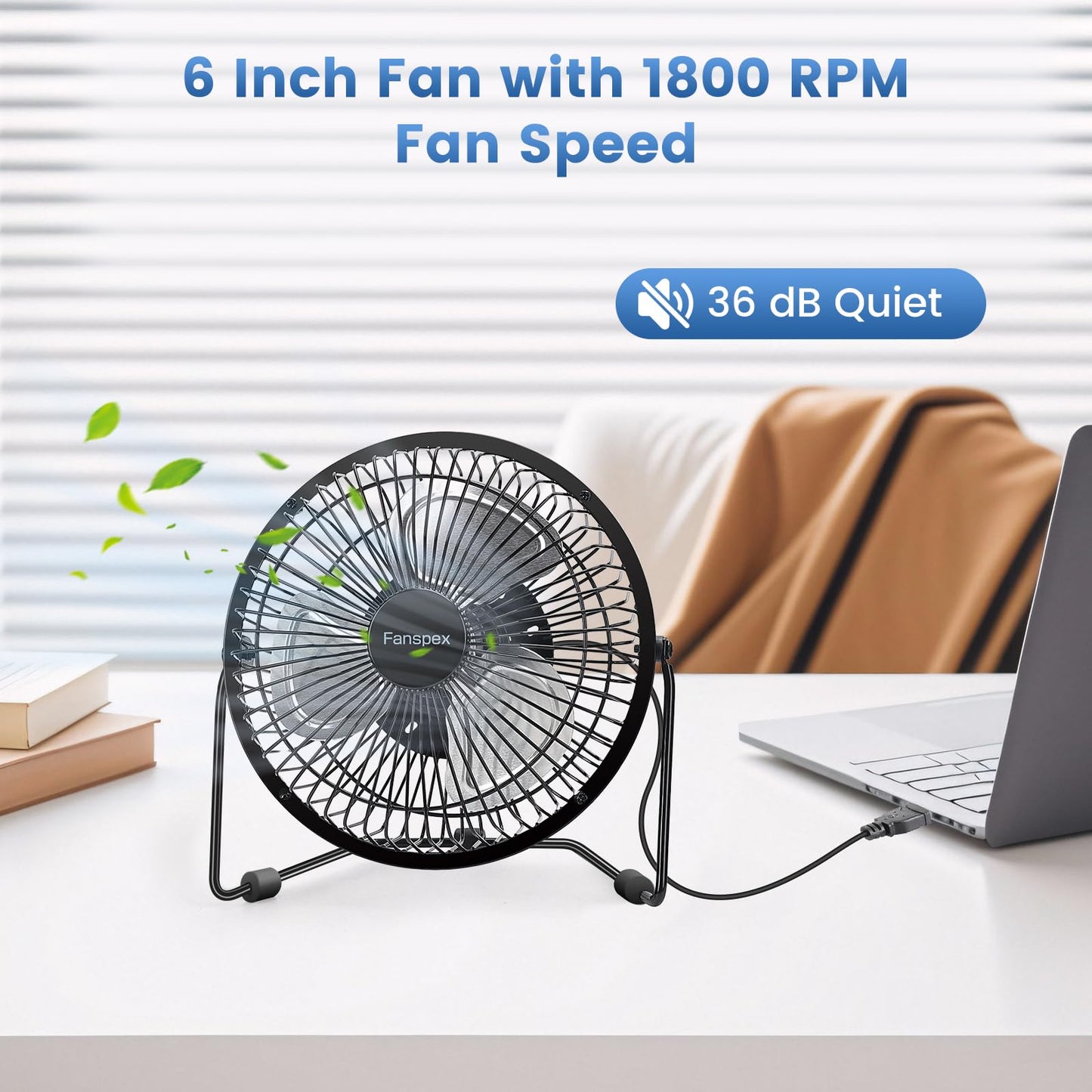 Fanspex 6" Small USB Desk Fan for Home Office Bedroom Desktop, Black