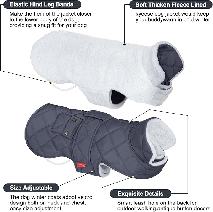 KYEESE Dog Coat Windproof Pet Sweater with Fleece Lined Thick Dog Coats for Medium Dogs Warm Pet Winter Puffer Coat with Leash Hole Waterproof Pets Clothes for Cold Weather Dogs Jacket with Pocket