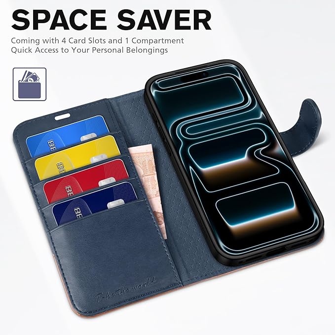 TUCCH Wallet Case for iPhone 17 Pro (6.3") 2025, 4 Card Holders, RFID Blocking, Stand, Shockproof TPU Shell, PU Leather, Magnetic Closure, Protective Flip Folio Cover, Blue & Brown