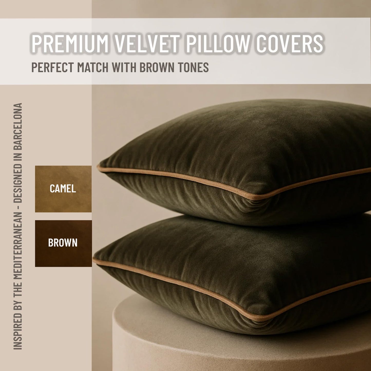 Blau Marité 2 Pack Polyester Decorative Throw Pillow Covers, 20"x20", Green and Camel, Solid, Modern, Contrast Piping, Indoor Use, Bedroom & Living Room