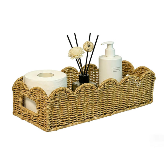 MSJGA Toilet Paper Storage Organizer Basket, Scalloped Decorative Baskets for Over Toilet Shelves, Rattan-Like Plastic Small Basket Perfect for Home Countertop Storage & Decor, Living Room Shelf Decor