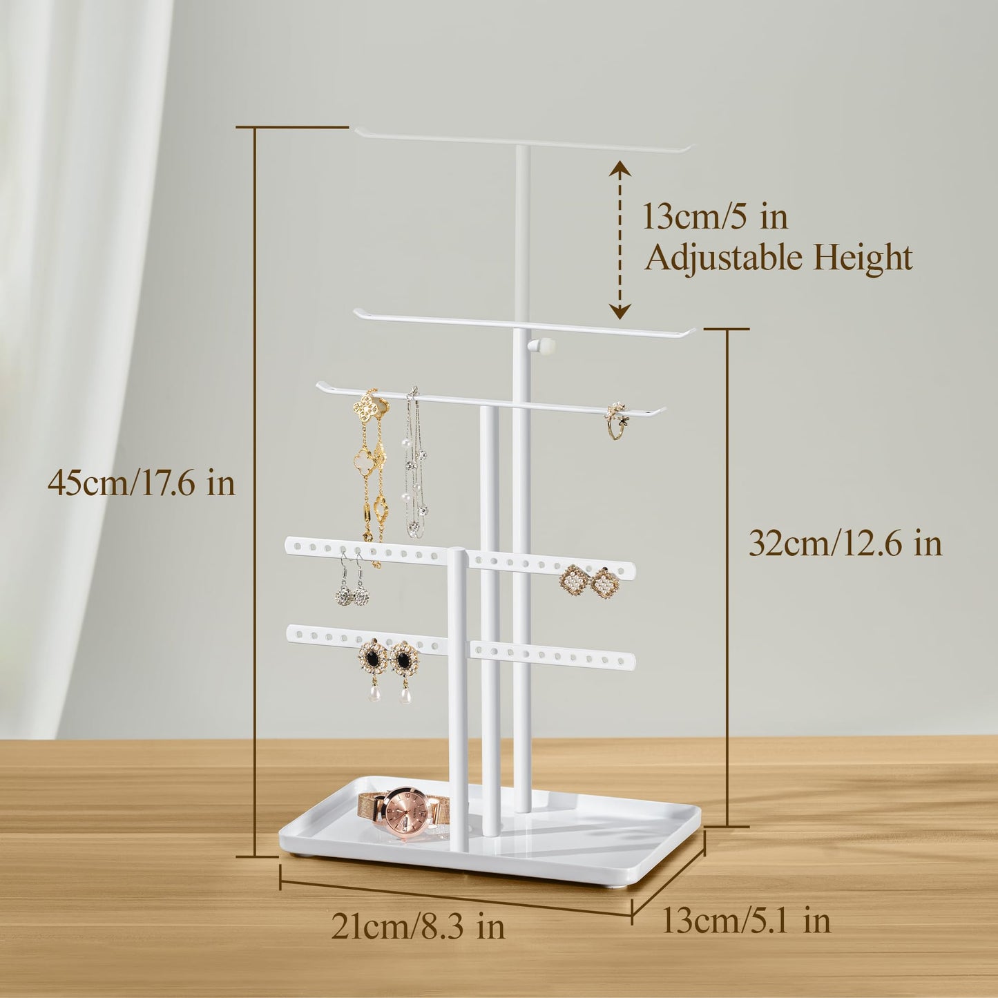 susswiff Jewelry Holder Organizer Stand - Adjustable Jewelry Tree 17.5" Height (Max), Jewlery Hanger for Necklaces, Bracelets, Earrings, Stainless, White