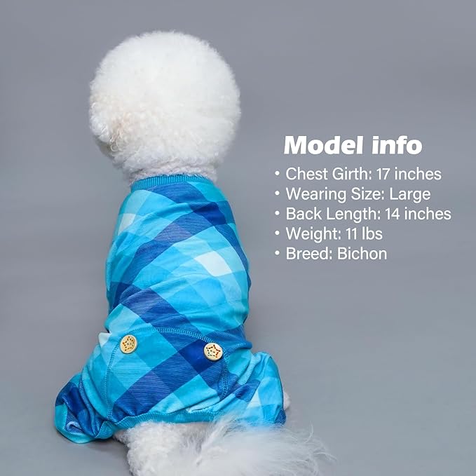KYEESE Dog Pajamas Velvet Doggie Jammies Comfy Pet Clothes Lightweight Pjs Plaid Dog Pajamas for Small Dogs Boy Girl Soft Coat Stretchy Onesie,Blue, X-Large