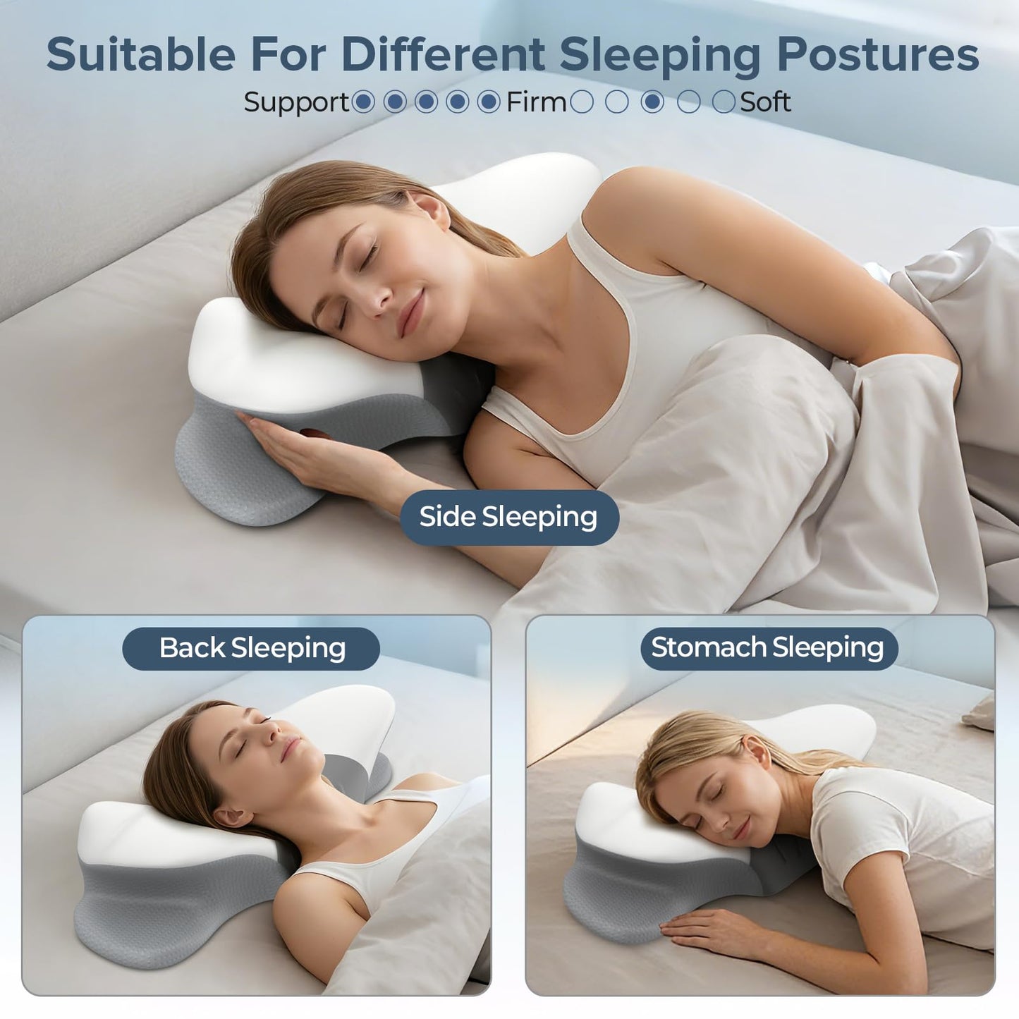 beslovo Cervical Neck Pillow for Pain Relief, Ergonomic Side Sleeper Pillow, Orthopedic Neck Support Contour Memory Foam Pillow for Side Back Stomach Sleepers, Ideal for Office Travel (Grey&White)