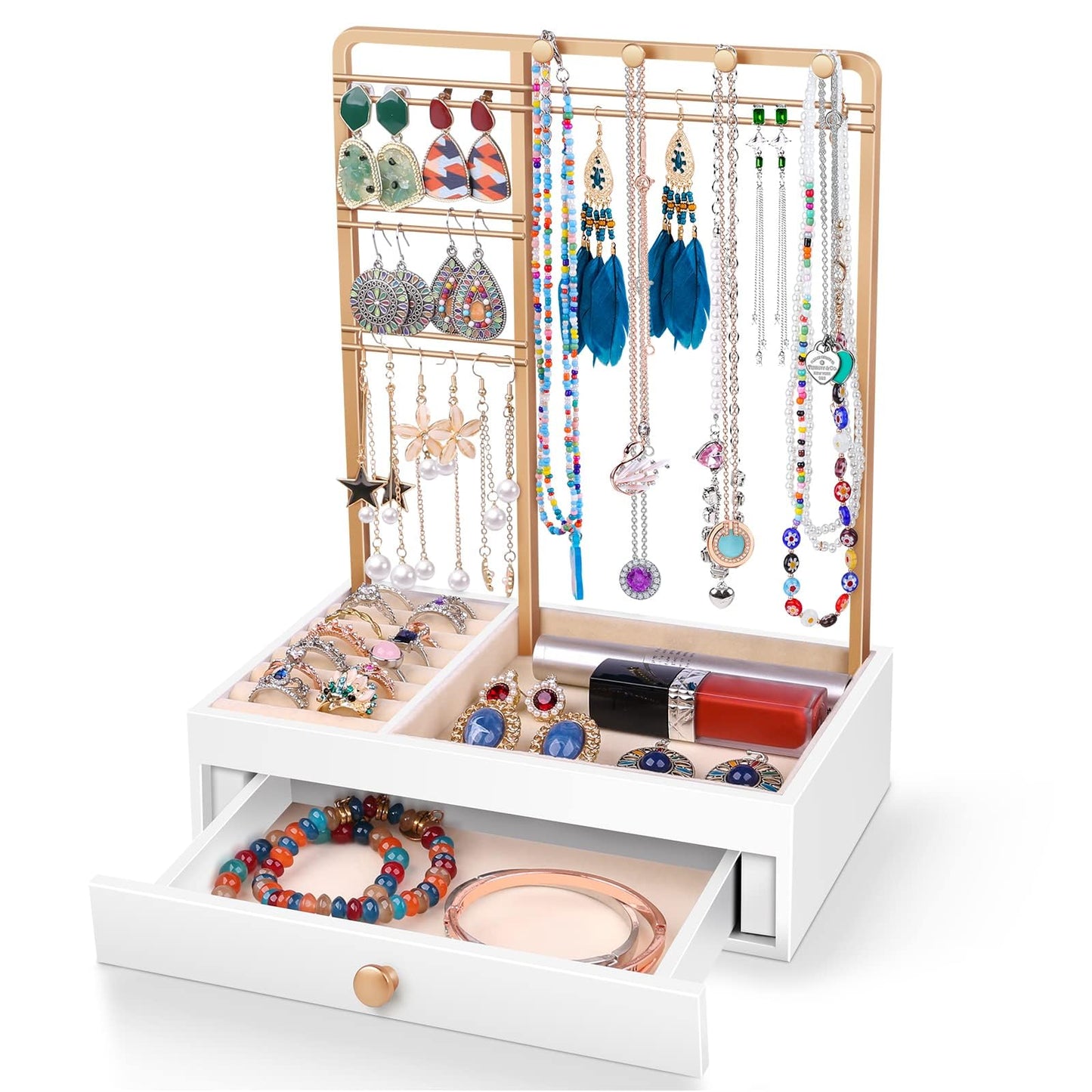 Teamkio Jewelry Stand Tree with Large White Storage Box, Tabletop Jewelry Organizer Display Tree for Necklace, Rings, Bracelets, Watches