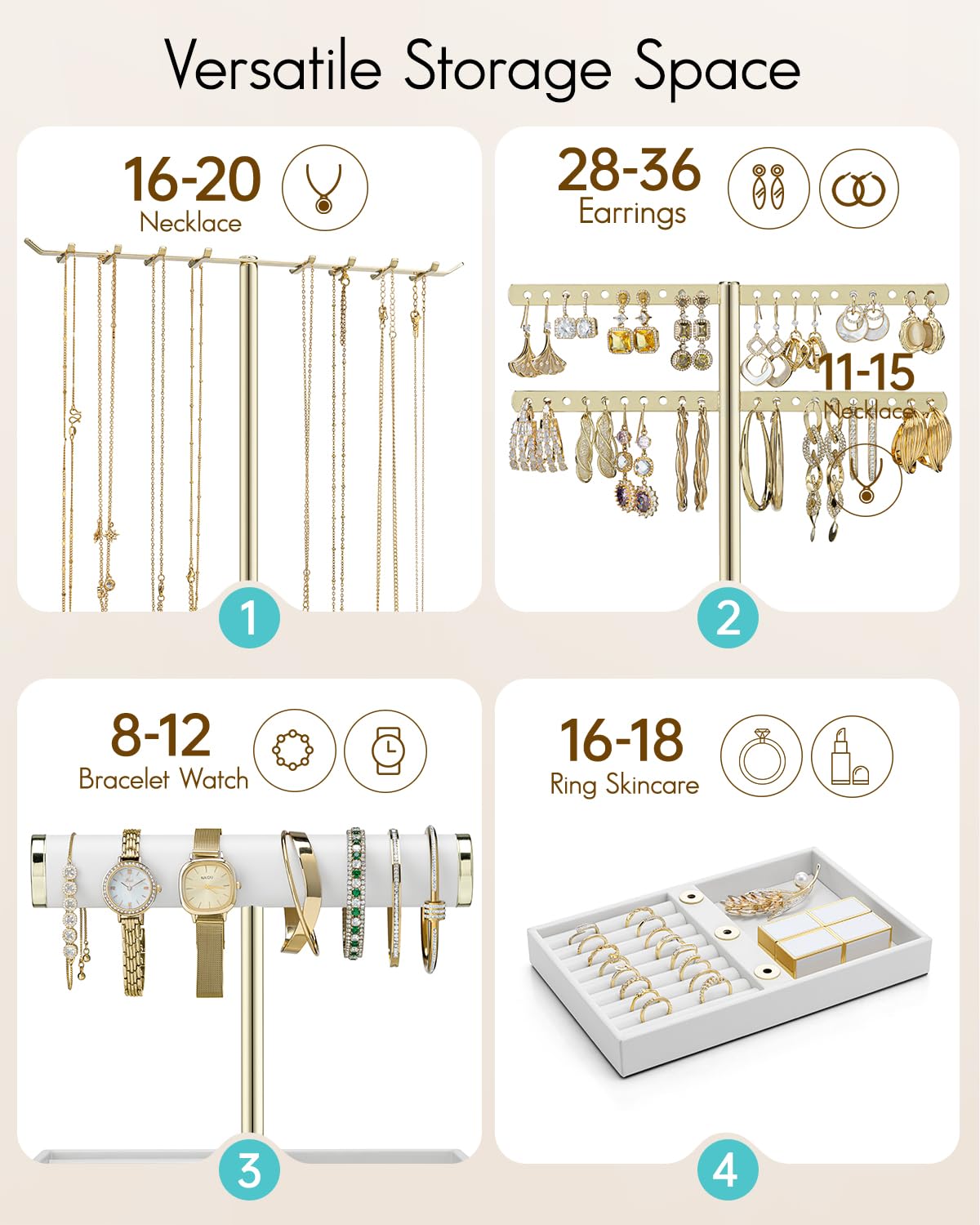 VLANDO 3 Tier Jewelry Stand Organizer with Tary, Leather Jewelry Holder Display for Women, Gold Jewlery Holder Display for Necklace, Earring, Bracelet, Rings - White