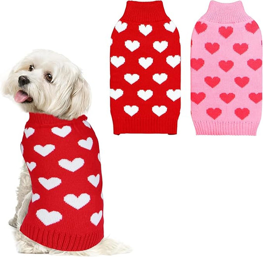 GOYOSWA 2 Pack Valentine Dog Sweater Dog Valentines Clothes Outfit Knitted Heart Sweater for Small Medium Large Dogs Pets (Red & Pink, Large)