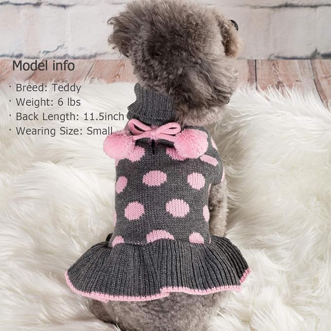 KYEESE Dog Sweater Dress Polka Dot Turtleneck Dogs Sweaters for Girl with Leash Hole Knit Pullover with Pom Pom Ball