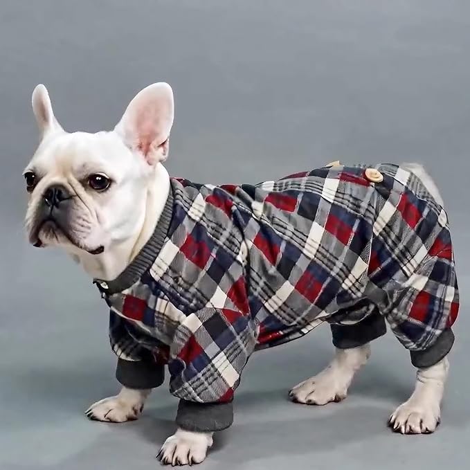 KYEESE Dog Pajamas Soft Plaid Pjs Comfy Doggie Jammies for Small Dogs Boy Girl Velvet Stretchy Dog Clothes Coat Pet Onesie, Grey, Small