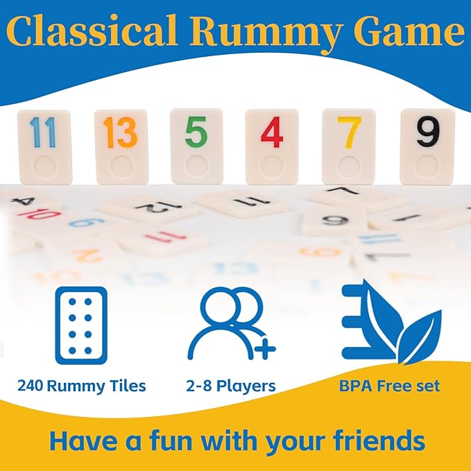 Deluxe Rummy Cube Game Set 6-8 Players with 8 Wooden Racks and 240 Melamine Rummy Tiles, Travel Family Board Game for Adults and Kids Age 8+,Birthday Gifts for Women Men Dad Mom