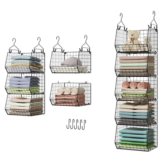X-cosrack 5 Tier Closet Hanging Organizer, Clothes Hanging Shelves with 4 Hanging Hooks 5 S Hooks, Wire Storage Basket Bins, for Clothing Sweaters Shoes Handbags Clutches Accessories Patent Design
