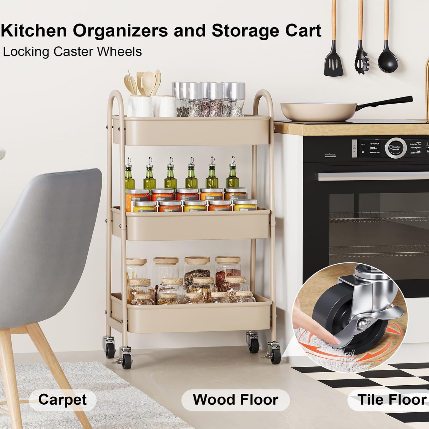 Beige 3 Tier Rolling Cart Metal on Wheels, Three Tiered Storage Organizer Utility Trolley with Wheels for Art, Craft, Baby Diaper Caddy, Snack, Book, Nail, Lash, Cleaning Supplies, Kitchen, Bathroom