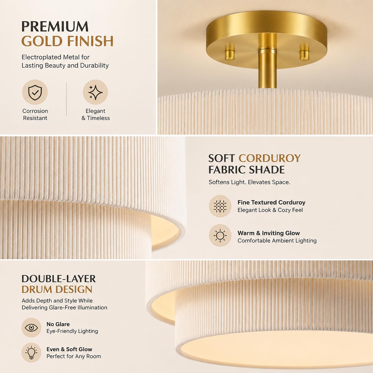 BoostArea 2-Tier Corduroy Semi Flush Mount Ceiling Light, 16.5'' Gold Drum Ceiling Fixture with Beige Fabric Shade, Soft Ambient Glow Close to Ceiling Lamp for Bedroom/Dining Room/Entryway/Low Ceiling