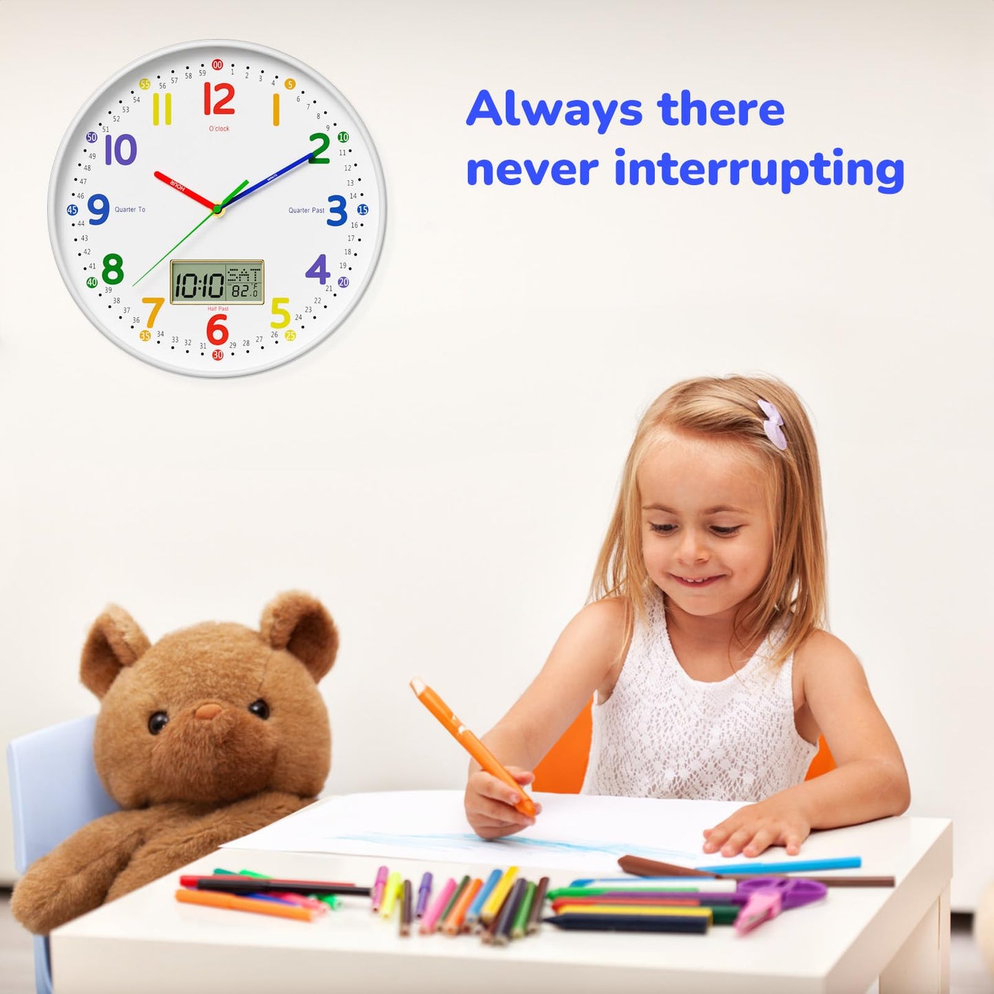 lanktoo 12" Silent Teaching Wall Clock with LCD Date Weekday Temperature Display – Tempered Glass, Non-Ticking Battery Operated Learning Clock for Kids Room, Classroom, Home Decor