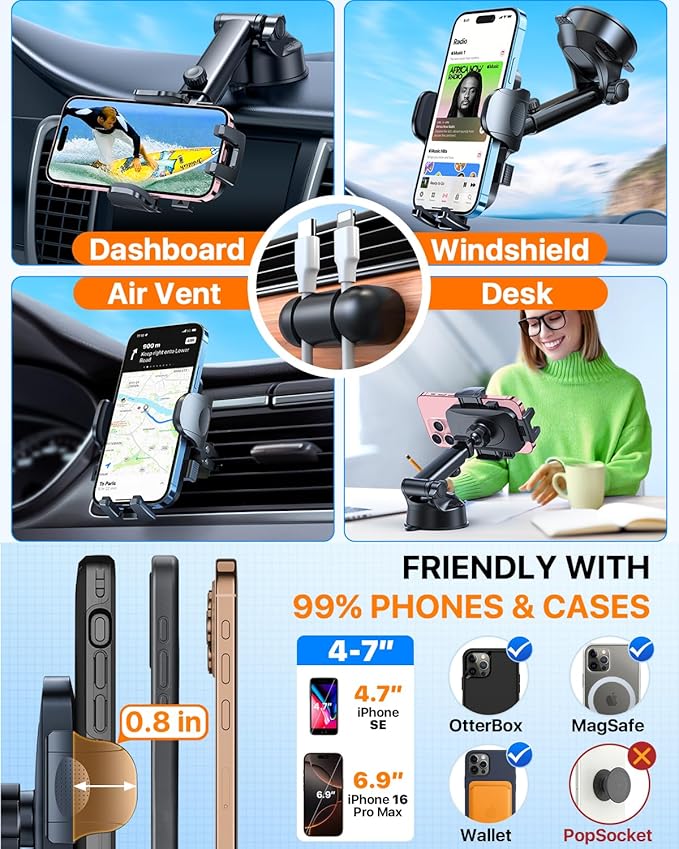 2026 Ultimate Best【True Military-Grade & Safety Cert】Car Phone Holder【Upgraded 5-in-1 & 100+LBS Strongest Suction】360 Rotation Truck Windshield Dashboard Vent Mount Stand for iPhone Android,Deep Black