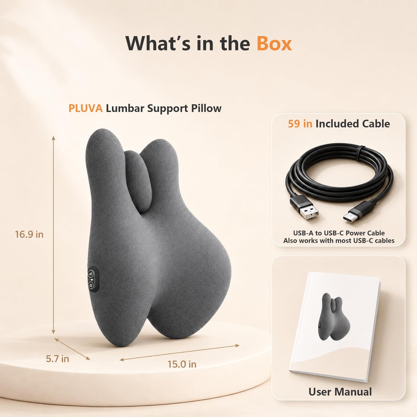 pluva Lumbar Support Pillow with Heat and Vibration Massage for Lower Back Pain Relief & Comfort, Ergonomic Memory Foam Back Cushion with Adjustable Strap for Office Chair, Car Seat and Sofa, Grey