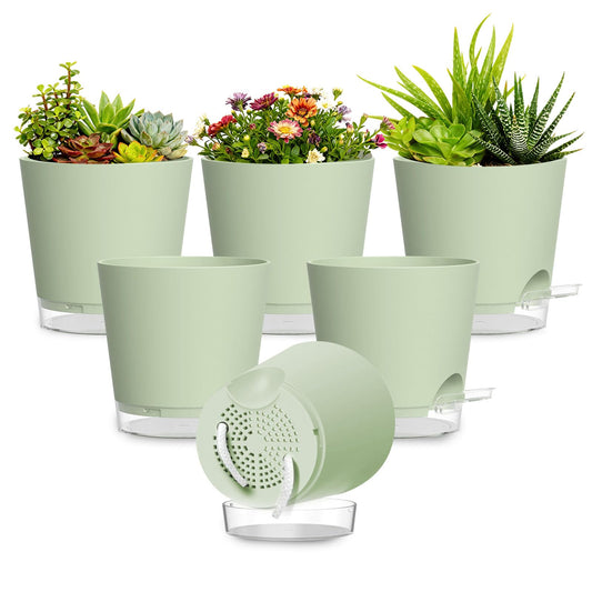 SQKH Plant Pots 4 Inch Self Watering Pots,6 Pack Plastic Planters with Drainage Holes and Clear Saucers,Plastic Flower Pots,Nursery Planting Pot for Indoor Out Door Plants (Green)