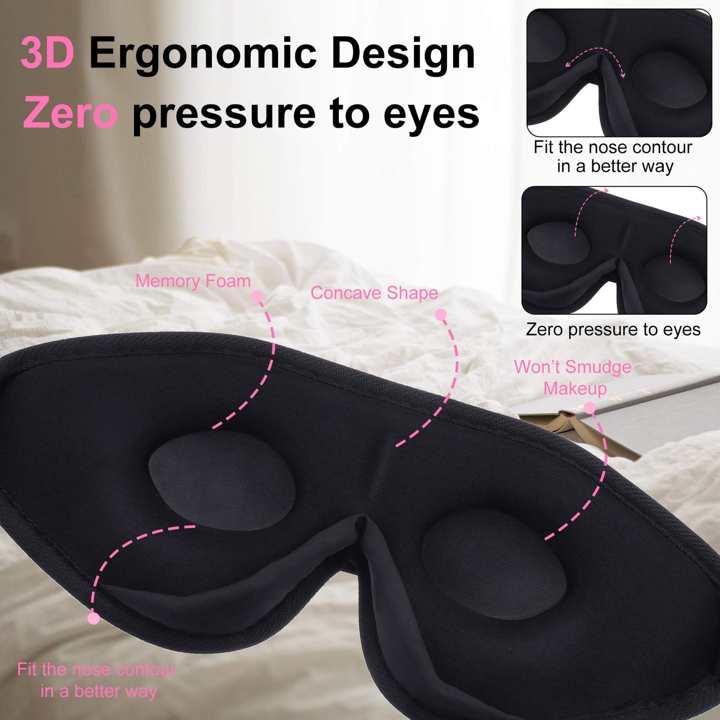 2 Pieces 3D Sleep Mask for Kids Memory Foam Contoured Eye Mask, Travel Sleep Eye Cover with Adjustable Strap, 3D Blindfolds(Pink and Grey)