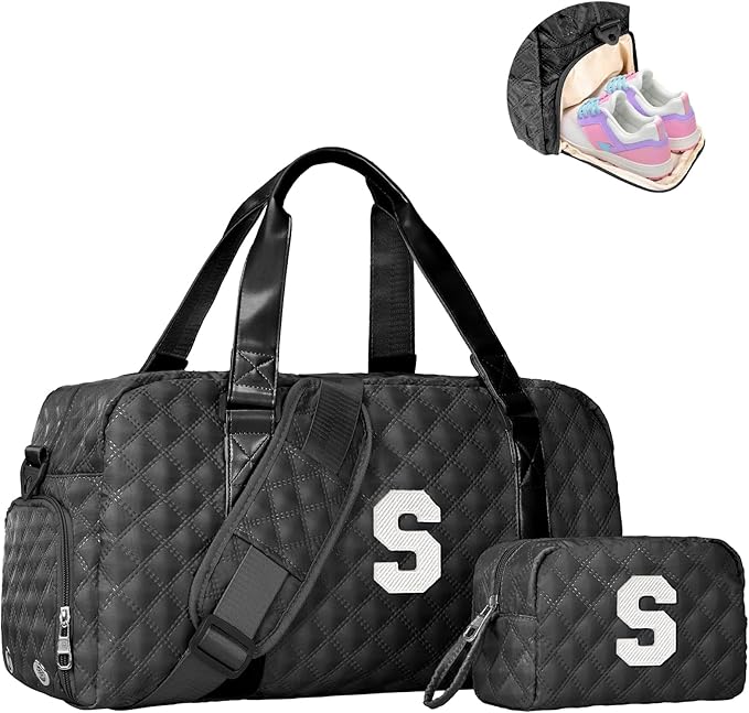 Elilier Initial Travel Duffle Bag Women Girls Gift: Personalized Weekender bags, Dance Cheer bag Sports for Girl, Kid Gymnastics Bags, Birthday Gifts for Women Girls Kids Teens Mom Teacher