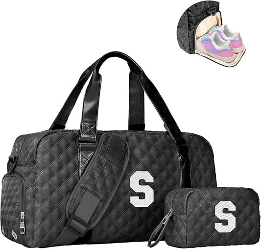 Elilier Initial Travel Duffle Bag Women Girls Gift: Personalized Weekender bags, Dance Cheer bag Sports for Girl, Kid Gymnastics Bags, Birthday Gifts for Women Girls Kids Teens Mom Teacher
